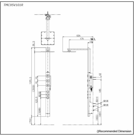 Shower Column Nickel Chrome Neorest measurement
