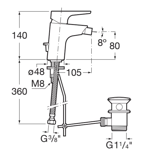 Atlas Bidet mixer with pop-up waste measurement