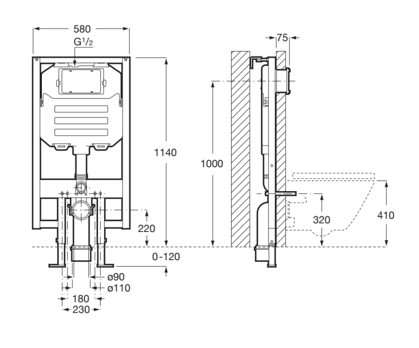 DUPLO WC COMPACT with AG valve (80mm cistern) concealed cistern and frame for wall-hung WCs measurement