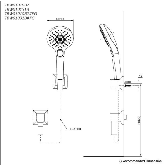 Hand shower Gold Classic measurement