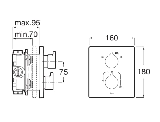 Built-in thermostatic bath-shower mixer with automatic diverter and 2 outlets. Required: RocaBox A525869403 measurement