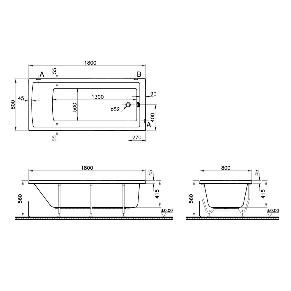 Built in Bathtubs Glossy White measurement